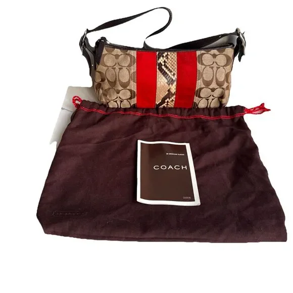 Coach Hampton Signature Jacquard Shoulder Bag Brown Red Suede Stripe Y2K Vintage - Picture 2 of 16